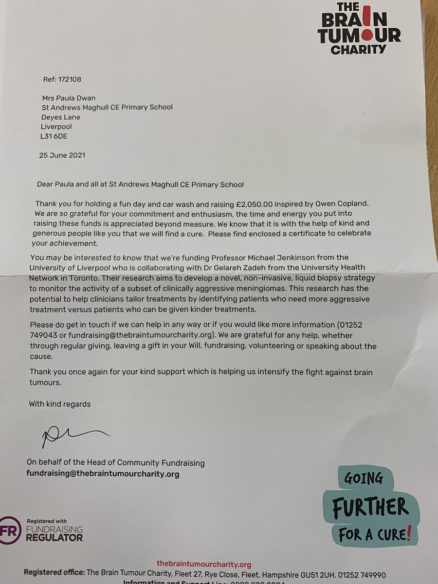 StAndrewsCoE's tweet photo. A lovely letter from @BrainTumourOrg  thanking us for our fundraising efforts and our fabulous £2050 donation on behalf of our ex head boy Owen.  Thank you once again for your kindness xx @LDSTEducation @JaaneCop 💛💛💛 https://t.co/duXBYhn0Gb