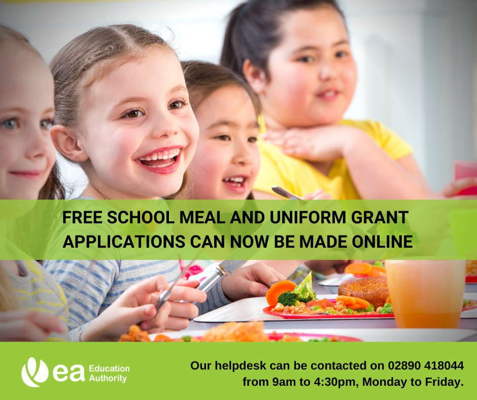 APPLY ONLINE – FREE SCHOOL MEALS
Online applications for free school meals/ uniform grants are now open. Please note that as well as first time applicants, parents/ guardians of children who are already in receipt of free school meals/ uniform need to apply again. 1/4