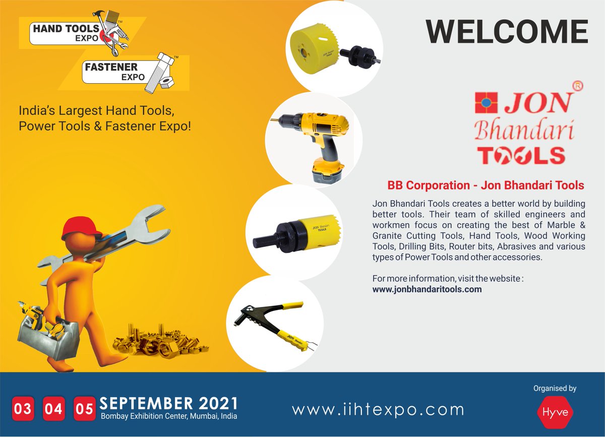 HtfExpo's tweet photo. We cordially welcome, "BB Corporation - Jon Bhandari Tools" at HAND TOOLS & FASTENER EXPO from 3 - 5 September 2021 at Bombay Exhibition Center, #Mumbai , #India
Website: https://t.co/ll1Q8Irw2T
#HTFEXPO #HTFEXPO2021 #marketing #tools #Maharashtra #events #exhibitions #UPDATE https://t.co/FVmPvNdqEC