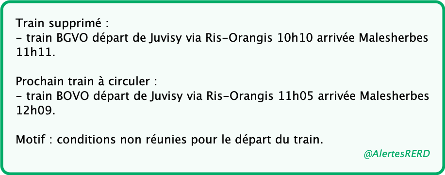 AlertesRERD's tweet photo. 🚨Ⓓ - CONDITIONS NON RÉUNIES POUR DÉPART

Ligne D Juvisy - Malesherbes : suppression

☞ Ligne D Juvisy - Malesherbes : suppression

#RERD
(SNCF - 29/06/21 10:26) https://t.co/IamPGoWZoi