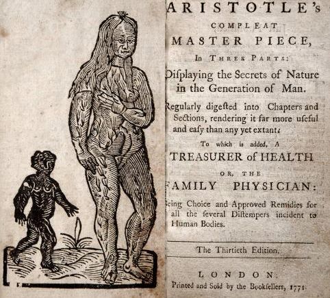 18thc copy of ‘Aristotle’s Masterpiece’, a sex manual and midwifery guide. According to one theory, the hairy woman on the frontispiece served as a warning – if you lusted after a man other than your husband during pregnancy, both you and your child could become deformed