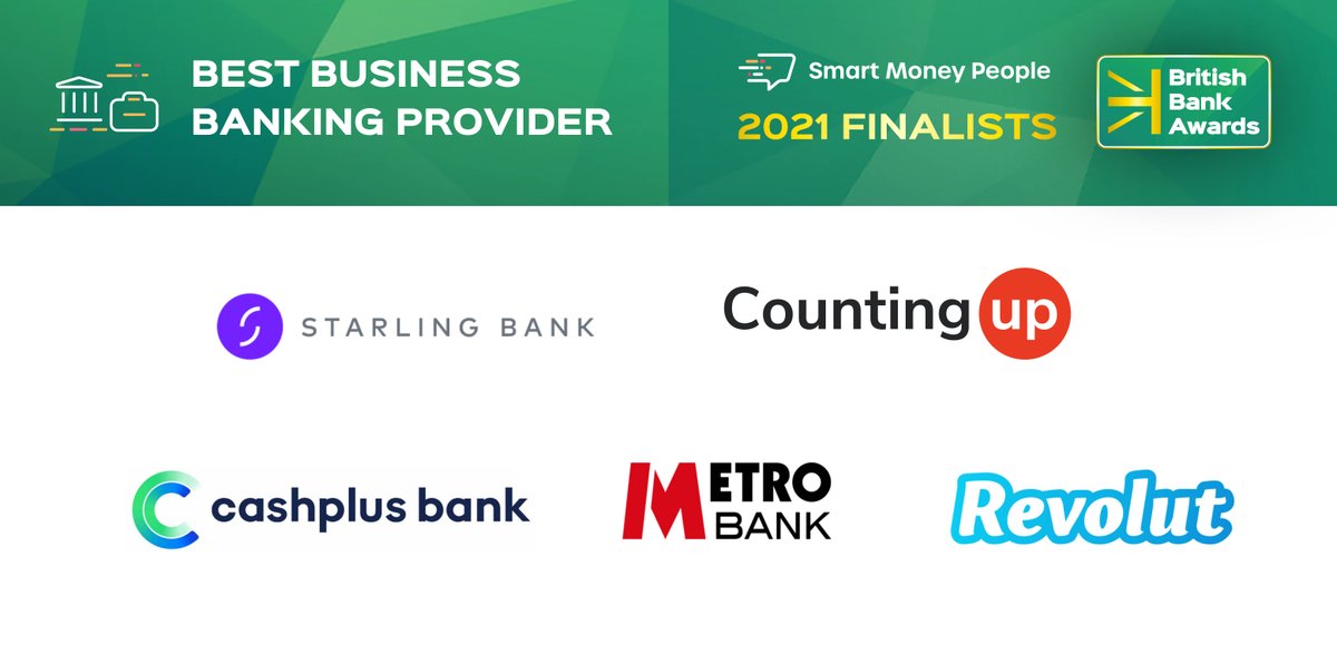 Who will be our Best Business Banking Provider for 2021 💼? Not long to go until we find out which one of our finalists <a href="/StarlingBank/">Starling</a> <a href="/CountingupHQ/">Countingup business current account</a> @Cashplus <a href="/Metro_Bank/">Metro Bank</a> <a href="/RevolutBusiness/">Revolut Business</a> will take the trophy…#BBA2021 #businessbanking #customervoted