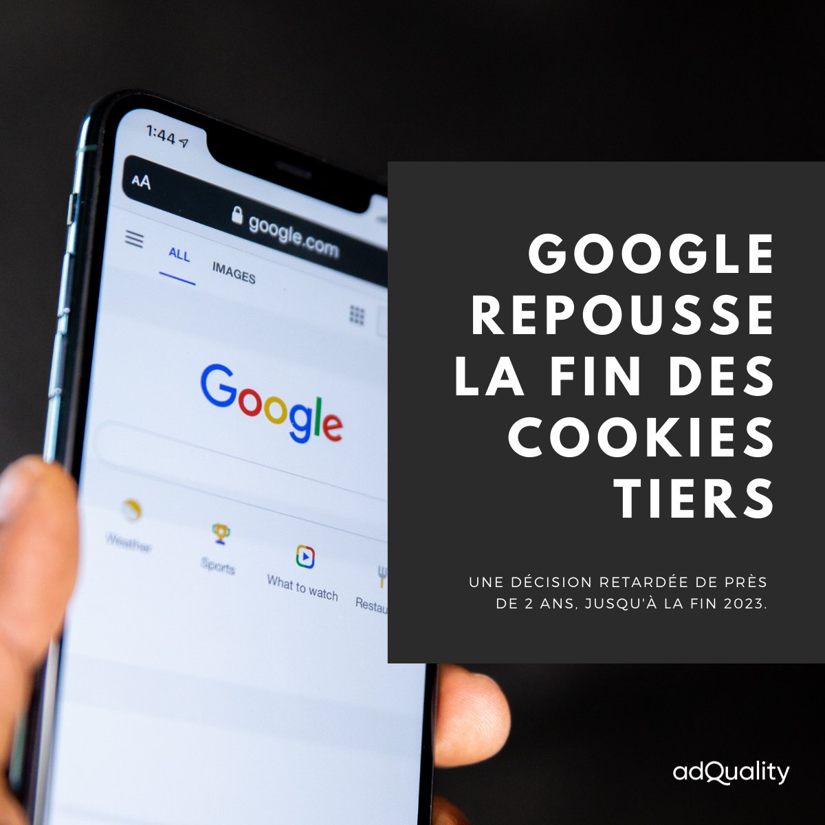 Ad_Quality's tweet photo. Bonne nouvelle pour le marché publicitaire digital ! ✌️

🍪 Google vient d'annoncer le report de 2022 à 2023 de la fin des cookies tiers de son célèbre navigateur Chrome. Une décision motivée par une volonté de "bien faire les choses". 

#Google  #publicité #cookies #advertising https://t.co/jBoXnkGrAl