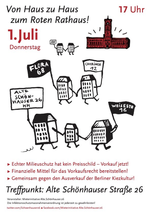 Donnerstag geht's wieder auf die Straße, #Vorkauf in Pankow, Mitte, in ganz Berlin! <a href="/135135a/">Schönhauser Allee 135/135A - NeuesVorkaufsrecht!!!</a> <a href="/Schonhauser26/">Alte.Schönhauser.26</a> <a href="/choriner12/">choriner12</a> <a href="/Weise16B/">Weise16Bleibt</a> <a href="/FinowEckeWeser/">Finow_Ecke_Weser</a> <a href="/florastr68/">Hausgemeinschaft der Florastraße 68</a> <a href="/Anzengruber24/">Anzi24 - Neues #Vorkaufsrecht!</a>
<a href="/maxgaerten/">Maxgärten – Vorkaufsrecht jetzt!</a> #Marktchaos #vorkauf