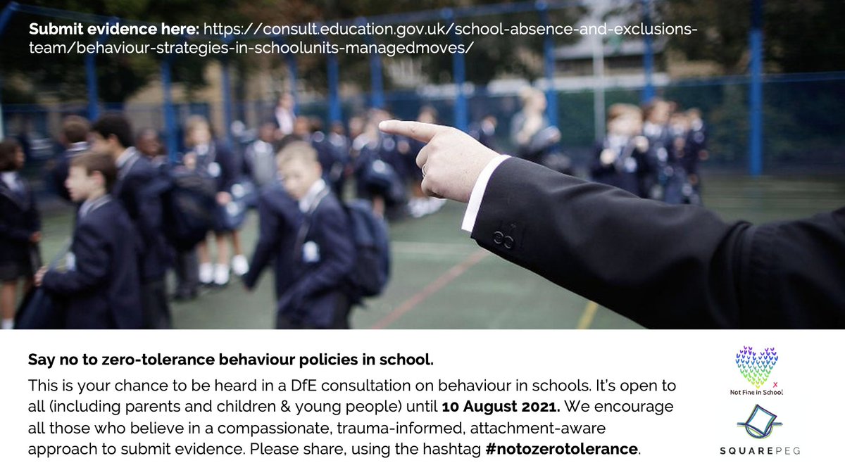 So, the DfE behaviour consultation is now open. Please can all our supporters and anyone else who promotes compassion and kindness over zero-tolerance submit evidence? And retweet this with the hashtag #notozerotolerance. With thanks on behalf of a generation of CYP @normanlamb