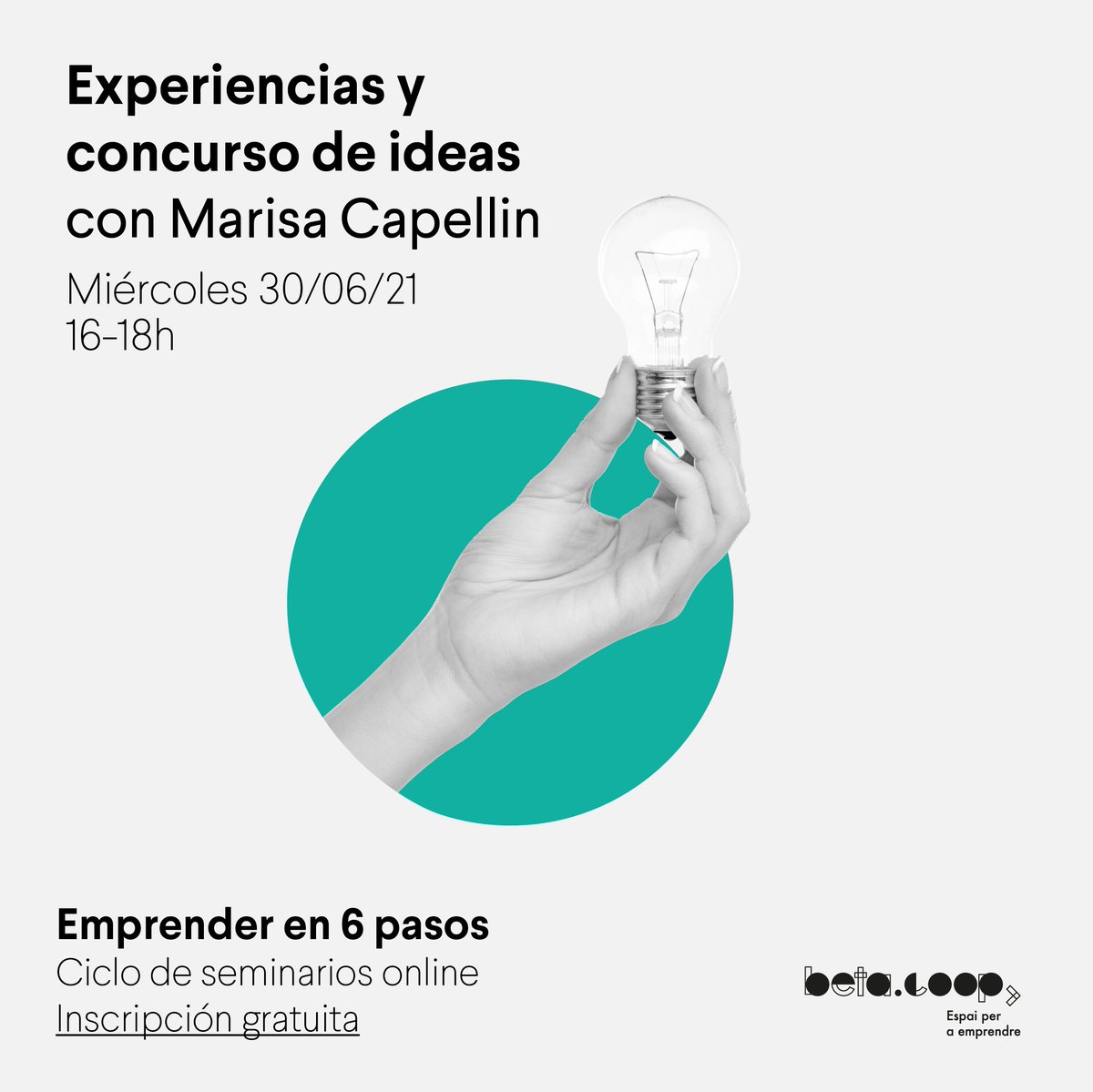 ⏳ Recordeu que encara esteu a temps d’apuntar-vos a ‘Experiencias y concurso de ideas’, últim seminari del cicle ‘Emprender en 6 pasos’, que serà impartit demà per Marisa Capellin.

💡 La inscripció és gratuïta i podeu fer-ho al següent enllaç: docs.google.com/forms/d/e/1FAI…