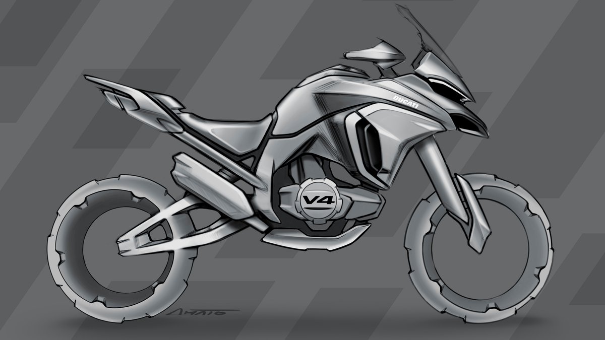 DucatiMotor's tweet photo. From the sketch board to the long roads ahead. The design of the Multistrada V4 was strongly influenced by its technical soul. Crafted to rule all roads. https://t.co/G5ilA244fq

#MultistradaV4 #RuleAllRoads #WorldIndustrialDesignDay https://t.co/kZQd0IuRA3