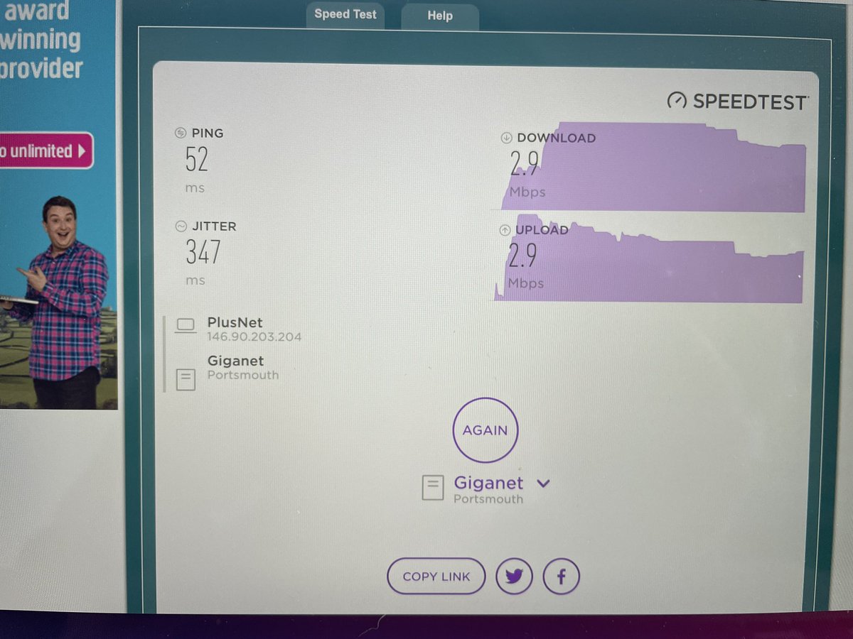 AmArte_Decora's tweet photo. @Plusnet @plusnethelp this is absolutely heartbreaking I called days ago and it improves for some hours and again bad internet, you promised at least 30 download and is 2.9??? I need an improvement now please! https://t.co/SJztbIY9xO