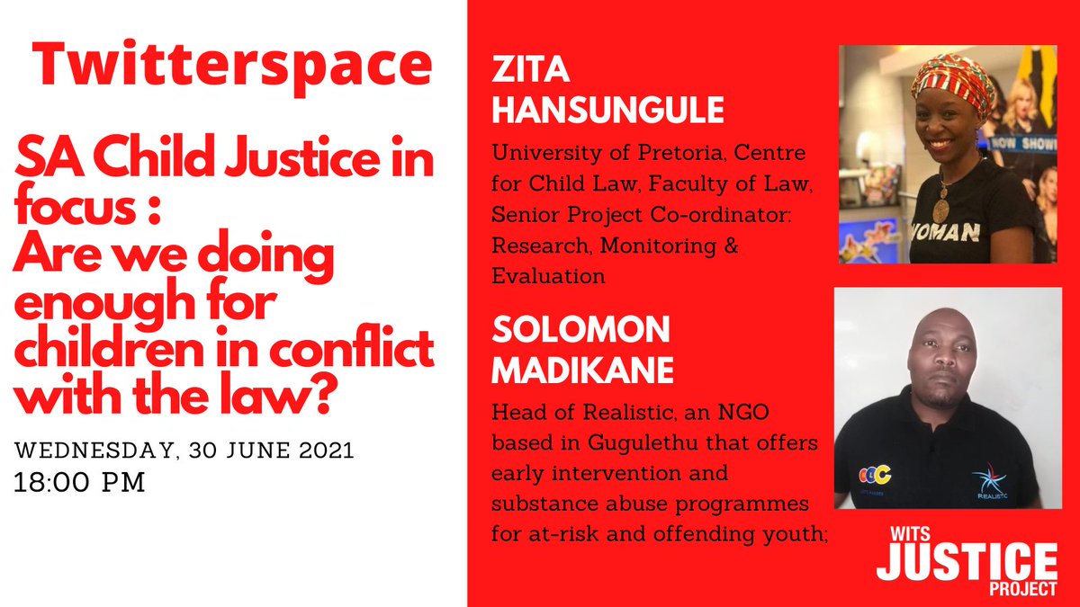 To end of Youth month, we will be having a #Twitterspace discussion on Child Justice. Our speakers will be @ZitaHans and <a href="/Realist17380366/">Realistic</a>

Set your reminders and join the conversation tomorrow at 6pm
x.com/i/spaces/1ynKO…