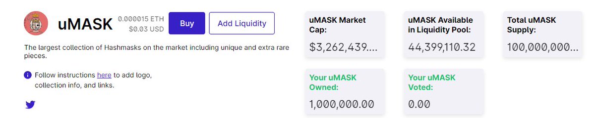 FreyaDAO's tweet image. #FreyaDAO and #uMASK update!
app.unic.ly/#/utoken-contr…
Really proud to be one of the original Whitelisted Projects on the @uniclyNFT platform.
uMASK marketcap sits at over $3 million for the collection of 88 #hashmasks @TheHashmasks 
More regular updates will be coming!
