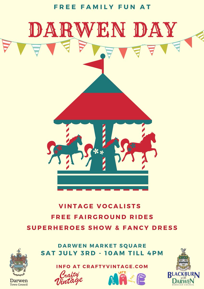 Celebrate Darwen Day this Saturday 3rd July at Darwen Market Square! 🎉

The free, fun-filled, family day out will run from 10am until 4pm 🥳

Thanks to <a href="/LetsMakeAt/">Let's Make</a>, <a href="/Crafty_Vintage/">Crafty Vintage</a>, <a href="/DarwenCouncil/">Darwen Town Council</a> &amp; Blackburn with Darwen Council for making it possible 👏