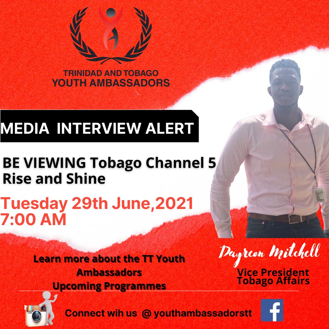 thettya's tweet image. 💢 Media Alert💢
Be viewing Tobago Channel 5 Rise and Shine Tuesday 29th June 2021 at 7:00AM  as our VP Tobago Affairs Dayreon Mitchell share more about the work of The  T&amp;amp;T Youth Ambassadors and our upcoming Programmes. You don't wanna miss this ‼️
#BeYA #TeamYA 
@DayreonM