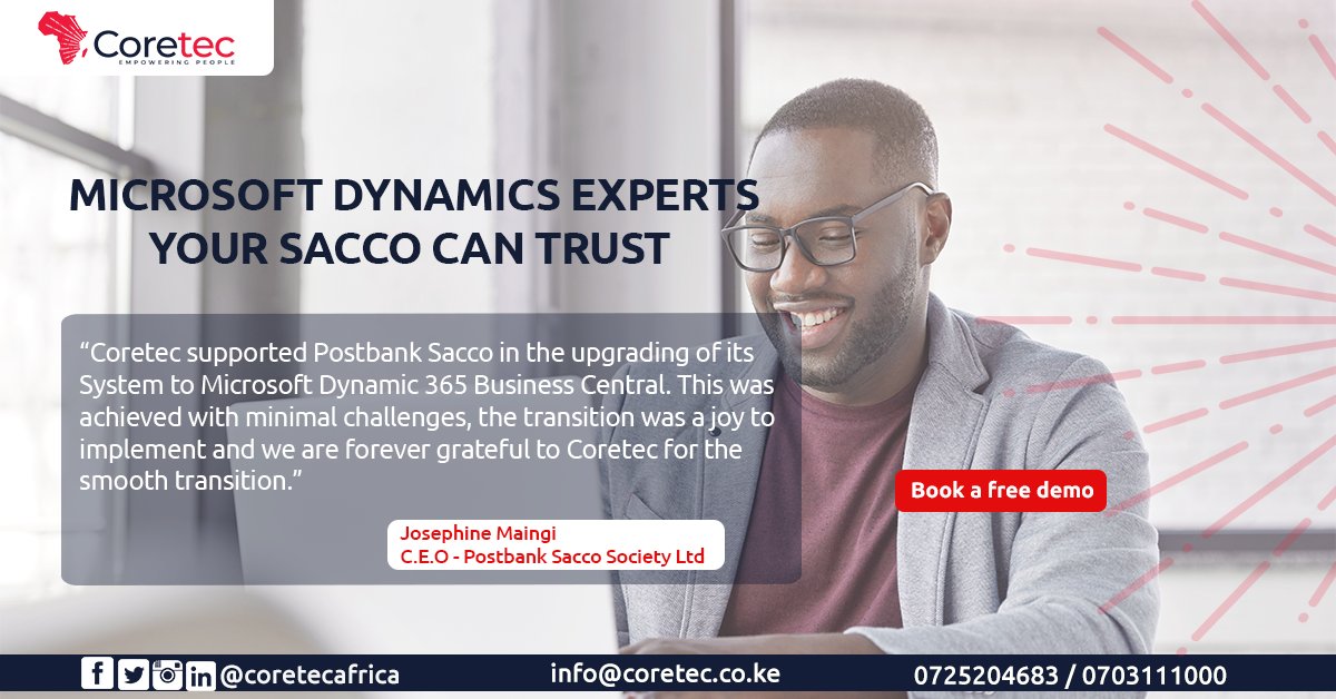 CoretecAfrica's tweet image. With our 20 years of experience, we have implemented 70+ Microsoft Dynamics projects for SACCOs.

Book a free demo today to learn more about how we can help you grow. bit.ly/3h1ueBm

#msdyn365fin
#Dynamics365 
#CreditUnions 
#microsoftdynamics