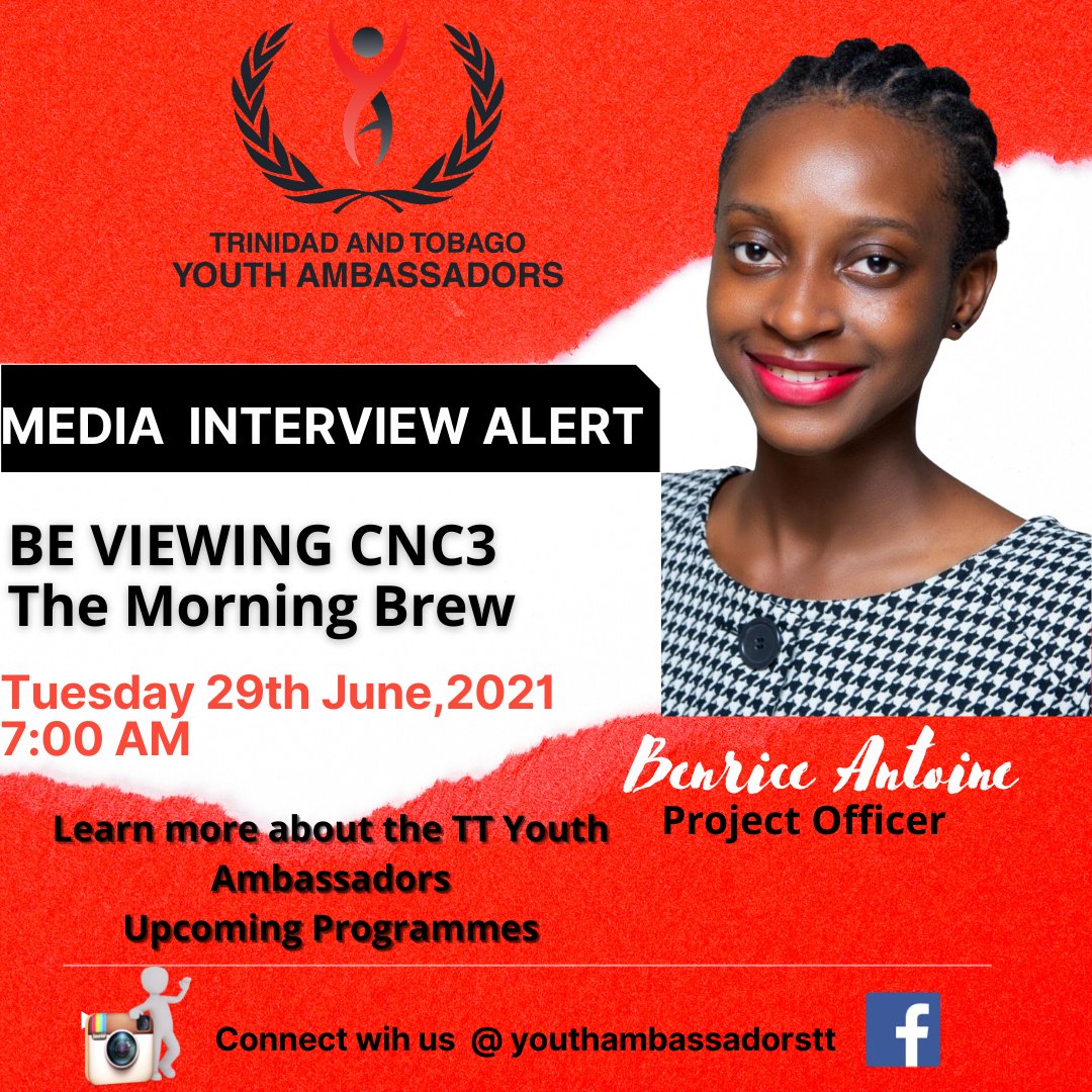 thettya's tweet image. 💢 Media Alert💢
Be viewing CNC3 The Morning Brew at 7:00AM  as Project Officer  Bernice Antoine share more about the work of The  T&amp;amp;T Youth Ambassadors and our upcoming Programmes. You don't wanna miss this ‼️
#BeYA #TeamYA 
@Bernicebydesign