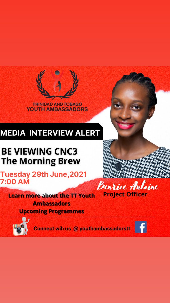 thettya's tweet photo. 💢 TTYA Media Alert💢
Be sure to catch our Vice President Tobago Affairs Dayreon and Project Officer Bernice this Tuesday 29th June 2021 as they share more about our work and upcoming Programmes. You don't wanna miss‼️
@Bernicebydesign @DayreonM
#BeYA #TeamYA
#mediaalert https://t.co/JDeIcyFaX4