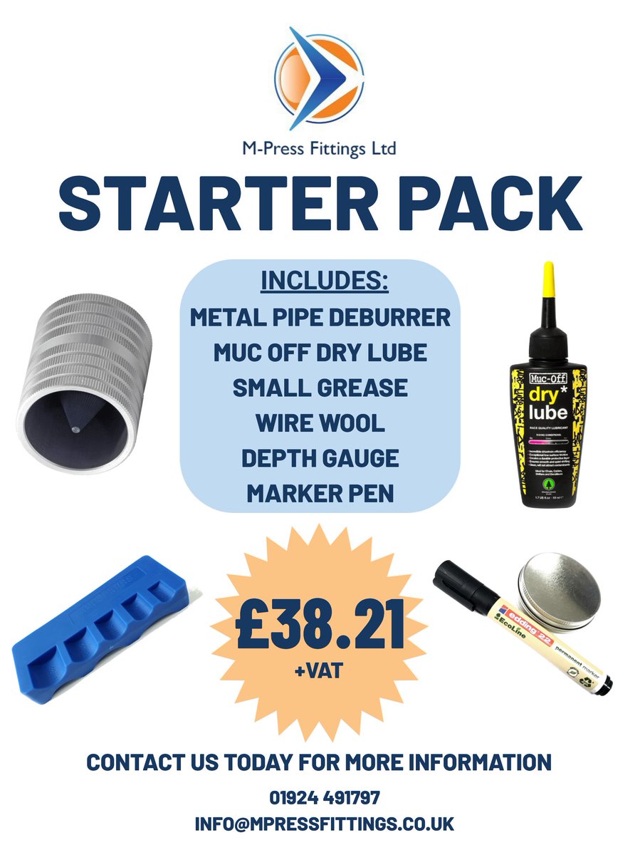 mpressfittings's tweet photo. Special Offer!
Starter Packs for only £38.21 +VAT
Contact us for more information.
01924 491797
info@mpressfittings.co.uk https://t.co/e5kCPJ4mk4