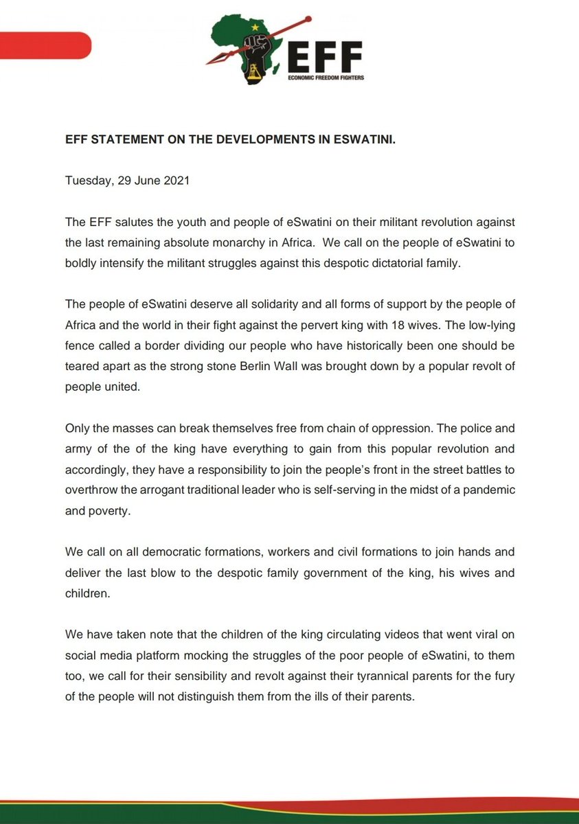 Economic Freedom Fighters On Twitter Eff Statement On The Developments In Eswatini