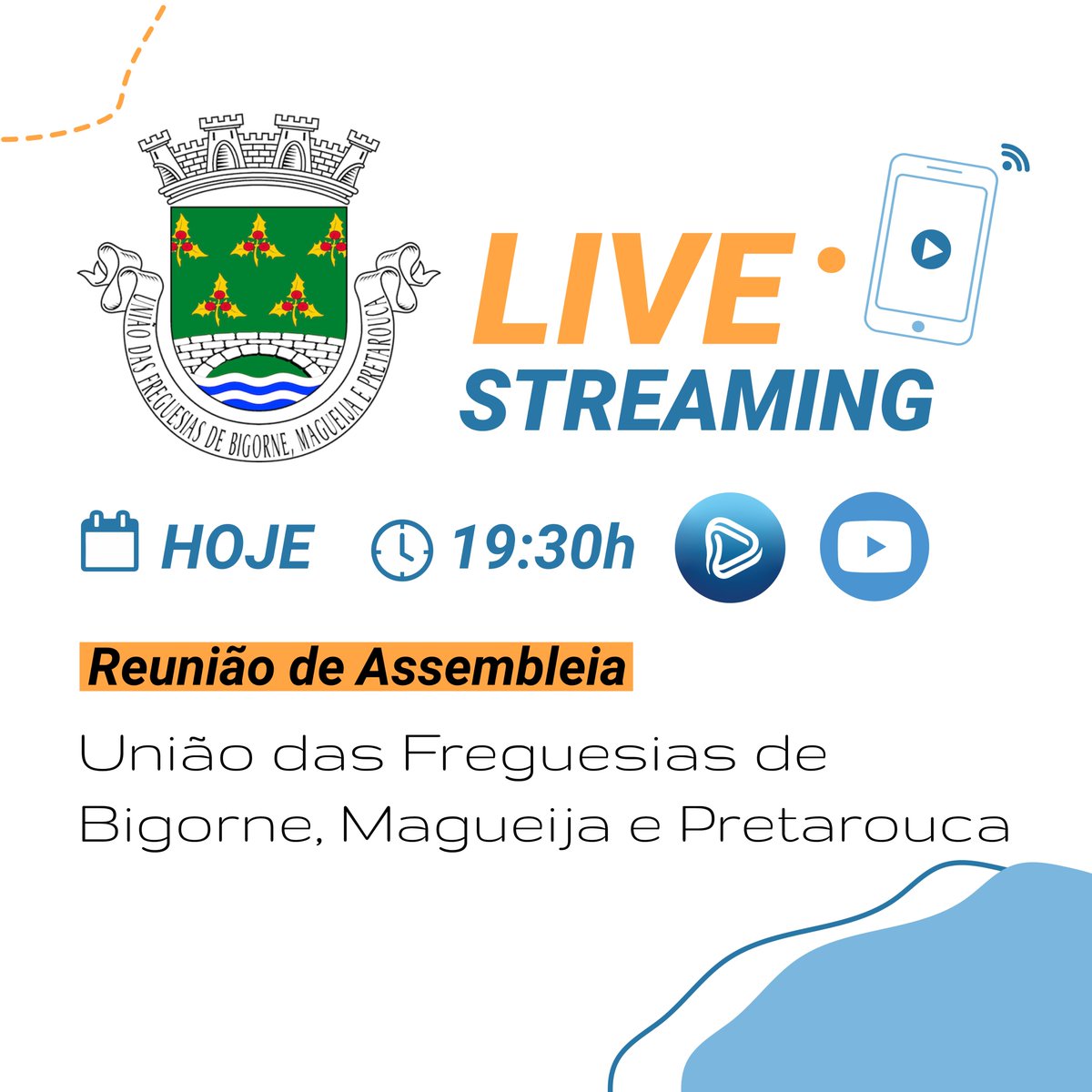 dica_is's tweet photo. Hoje, LIVE STREAMING, às 19.30h, Reunião de Assembleia, União de Freguesias de Bigorne, Magueija e Pretarouca. 
@dica.is sempre aqui para o que mais precisas! 
#dica #dica_information_systems #information_systems #live_streaming #falaconnosco https://t.co/mSiEHW9FQs