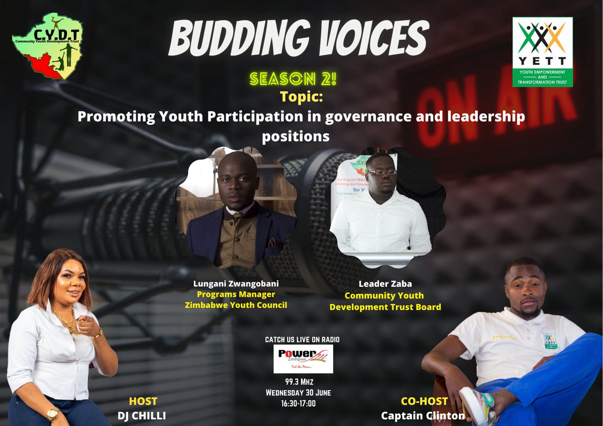 How really can we promote youth participation in governance and leadership positions? What really do young people want to do? Let us talk about it tomorrow on <a href="/powerfmzimbabwe/">powerfmzimbabwe</a> with <a href="/hazvisakarombe/">hazvinei sakarombe</a>  and @captain_clinton 
#BuddingVoices 
#kingofzimhiphop
#youthengagement