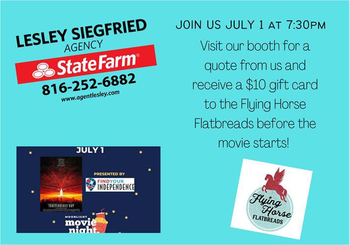 Coming out to this week’s Moonlight Movie Night on the Square? You could get a $10 Flying Horse Flatbreads- Independence Square gift certificate when you visit the Lesley Siegfried booth.  Thank you Visit Independence, MO for your sponsorship. 

We’ll see you Thursday night!