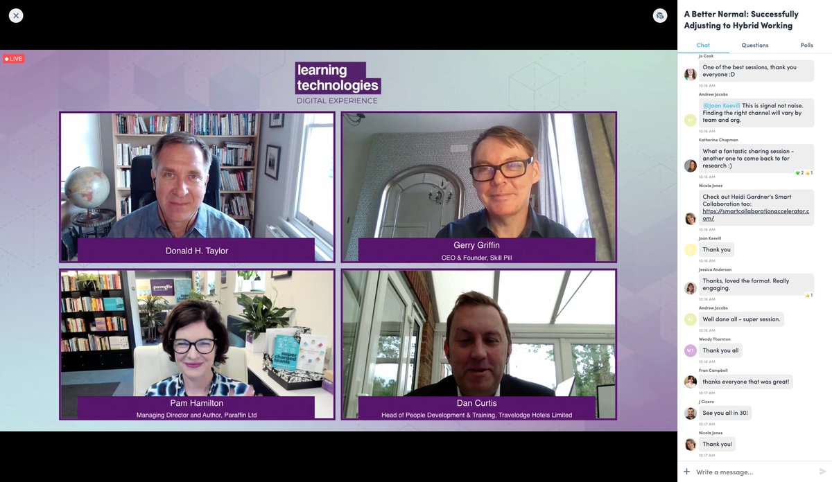 One of the best sessions by popular vote at #LTDX21, a big thank you to our three hosts, as well as to the great audience participation, and host, Donald Taylor. 

Don't worry if you missed this morning's session - the recording will be available tomorrow! 🙌 <a href="/LearnTechUK/">LearningTechnologies</a>