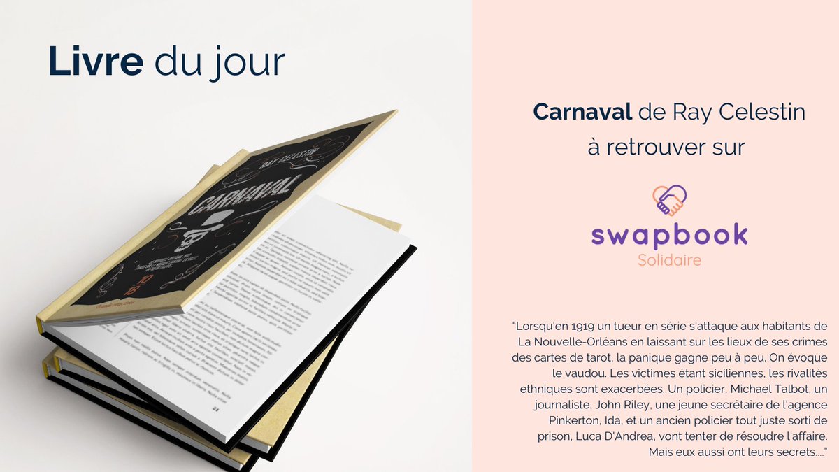 N’hésitez pas à découvrir les livres de Ray Celestin sur notre site ! 📚 Parmi eux, “Carnaval”.

Pour rappel, Swapbook Solidaire c’est un livre acheté = un repas offert pour un étudiant vivant dans la précarité. Retrouvez le lien dans notre bio ! 👆🏻📚