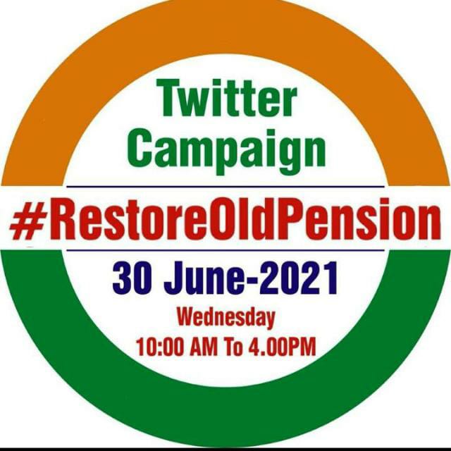 #RestoreOldPension राज्य कर्मचारियों की ओर से न्यू पेंशन स्कीम (NPS)की समाप्ति तथा पुरानी पेंशन स्कीम(OPS)की बहाली ट्विटर पर विशेष अभियान है जिसमें हमें #RestoreOldPension लिखकर साथ में ट्विटर पर अपनी मांगे लिखनी है।इस # के अंतर्गत आने वाली सभी पोस्टों को लाइक व रिट्वीट करना है