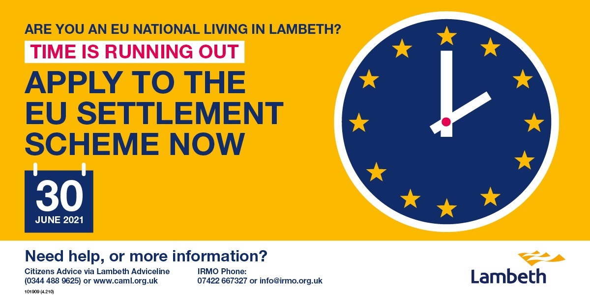 Lambeth residents 📣 Tomorrow is the final day to apply to the EU #SettlementScheme If you’re an EU citizen living in the UK (resident in the UK by 31 December 2020), apply now to stop the risk of losing your right to live or work in the UK orlo.uk/rGyS4 ⏰ 📲 ✅