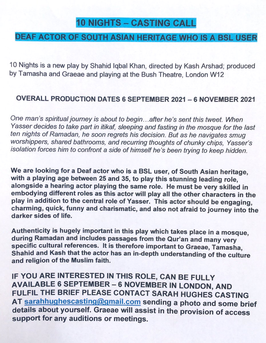 CASTING CALL 👇👇👇Please retweet! We’re looking for a Deaf actor of South Asian heritage who is a BSL user. This info is also available at shughescasting.com on the Casting Call page <a href="/graeae/">Graeae</a> @tamashatheatre