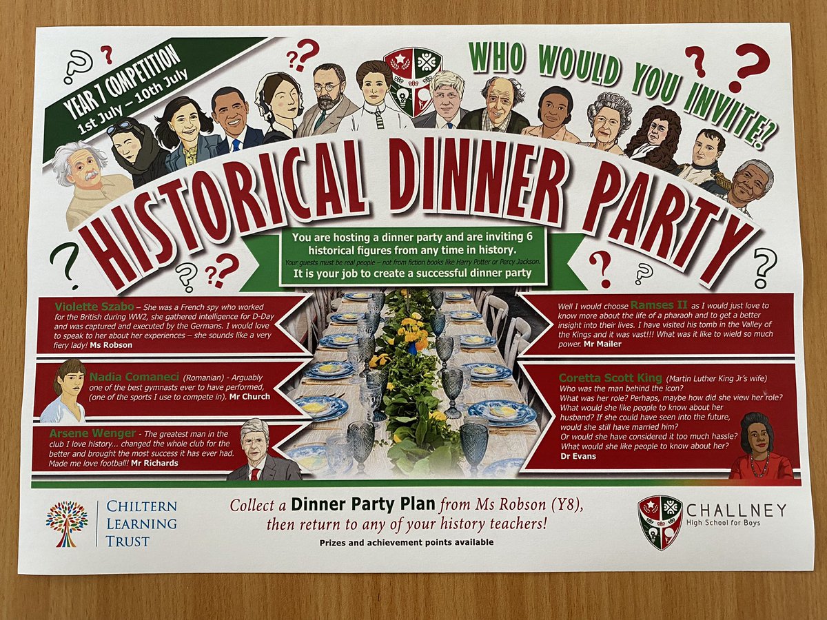 CHSBHumanities's tweet photo. Calling ALL Year 7 students! The History department are running a historical dinner party competition - collect a dinner plan sheet from Ms Robson in Y8. PRIZES and ACHIEVEMENT PIONTS for top 5 entries! 💪🏻 🎉 https://t.co/h9WZQMhDd1