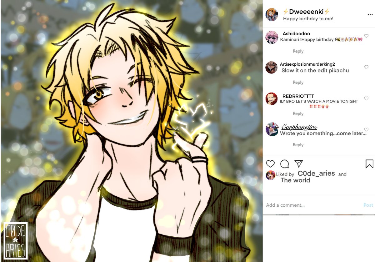 c0dearies's tweet photo. ⚡Happweeeeee Birthday Denki ⚡

#kaminaridenki #denki #anime #myheroacademia #BokuNoHeroAcademia #fanart #adn #animedigitalnetwork https://t.co/iIJKVWpkIA