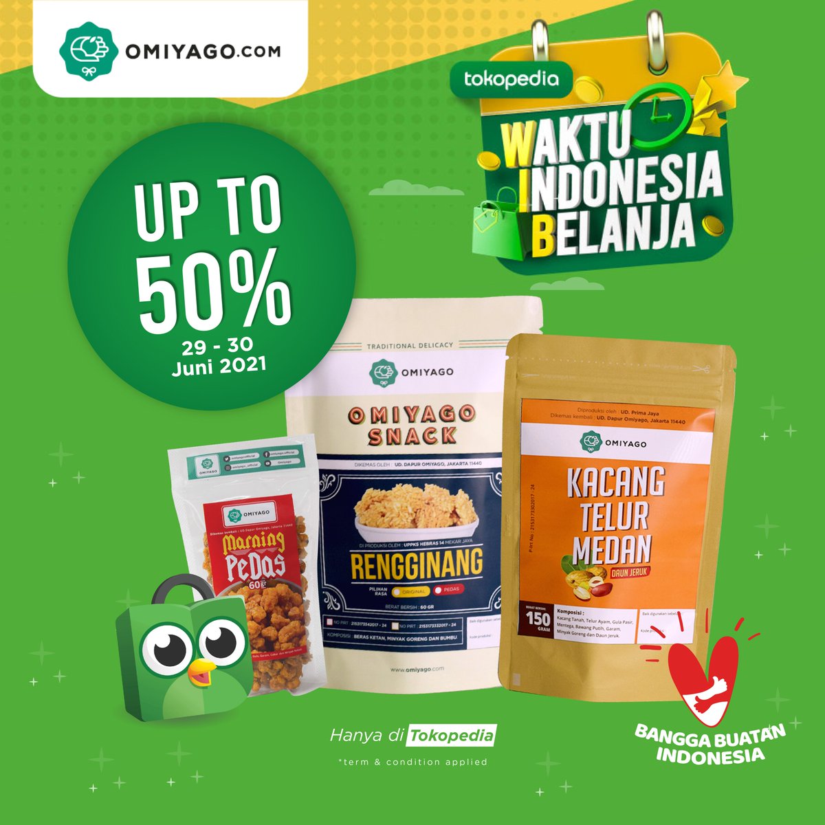 Hai Omiyagoes, menyambut hari Rabu sebagai hari #BanggaBuatanIndonesia dan menutup akhir bulan Juni yang ceria  [HANYA DI TOKOPEDIA]  PROMO UP TO 50% #WaktuIndonesiaBelanja 🤩⁣
Eits promo ini berlaku tanggal 29 sampai dengan tanggal 30 Juni 2021, yuk buruan keburu kehabisan!