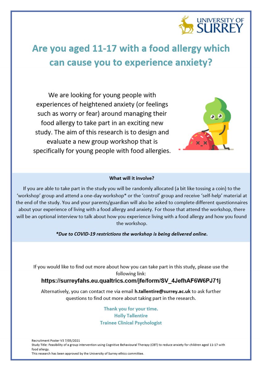 In the final stages of recruitment for our study supporting the psychological wellbeing of young people (aged 11-17) with a food allergy 👇
If you know of anyone interested please email h.tallentire@surrey.ac.uk or enter details at this link: surreyfahs.eu.qualtrics.com/jfe/form/SV_4J…