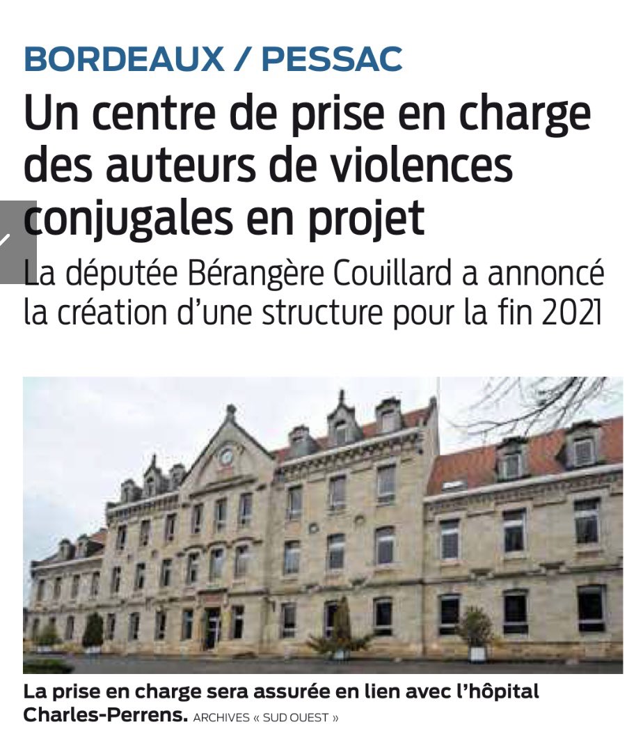 Sans auteur de #ViolencesConjugales, il n’y a pas de victime.

Merci <a href="/1ElisaMoreno/">Élisabeth Moreno</a> de permettre la création de 2 nouveaux centres en Nouvelle-Aquitaine à #Bordeaux et #Pau.
À Bordeaux, <a href="/ch_perrens/">CH Charles Perrens</a> &amp; <a href="/GroupeSOS/">Groupe SOS</a> accompagneront 450 auteurs par an.

Engagement tenu! On continue💪