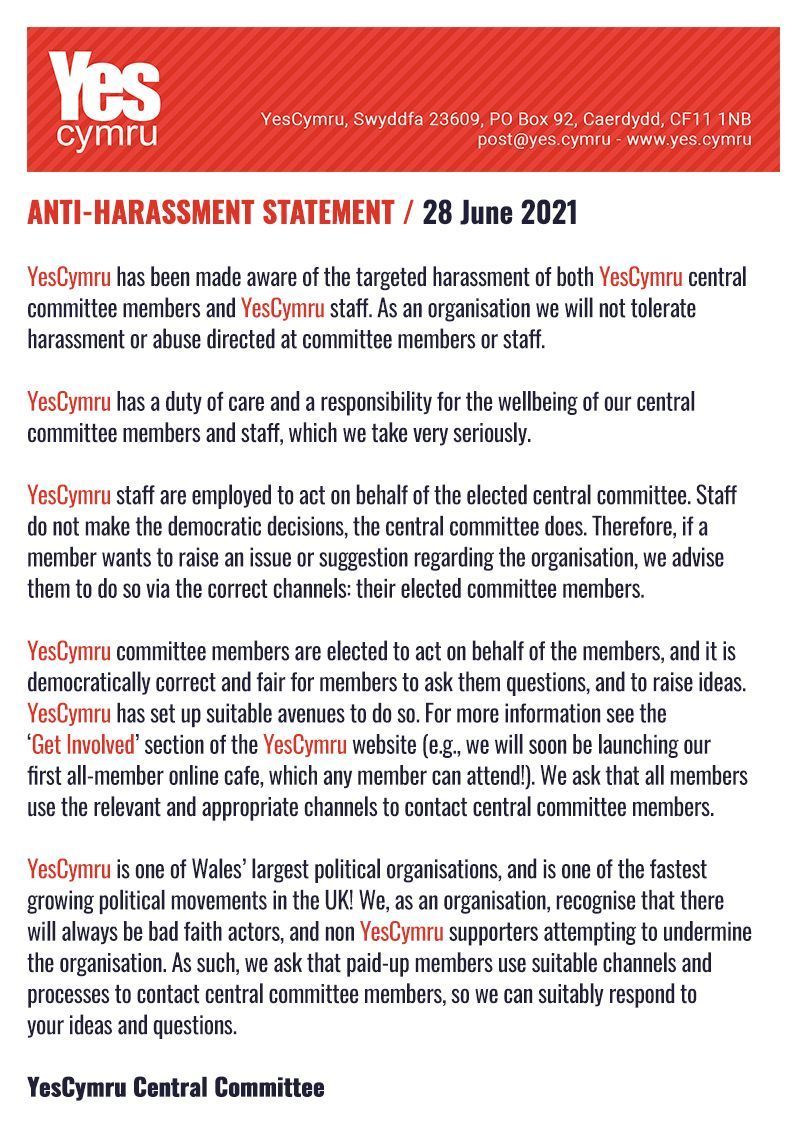 A STATEMENT FROM THE YESCYMRU CENTRAL COMMITTEE
(Human error, typos in the statement released yesterday have been amended)

For more information, please take a look at yes.cymru/anti_harassmen…