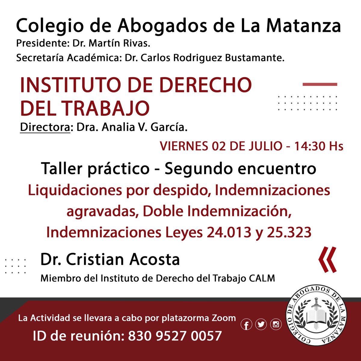 calmatanza's tweet photo. La actividad se realizará a través de la plataforma Zoom. Quienes se encuentren interesados podrán Ingresar directamente:
ID de reunión: 830 952 70057
#calm #colegiodeabogados #pertenenciacalm https://t.co/4pznMiy9I2