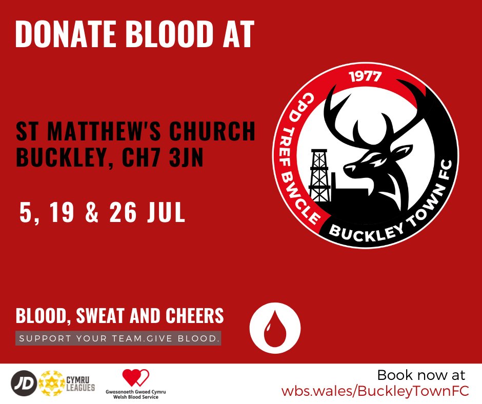 We are delighted to be supporting <a href="/WelshBlood/">Welsh Blood 🏴󠁧󠁢󠁷󠁬󠁳󠁿</a>'s life saving campaign for donations - there are local sessions throughout July and you really can make a difference. Find your local centre here: wbs.wales/BuckleyTownFC

#WeAreBuckley #NiYwBwcle