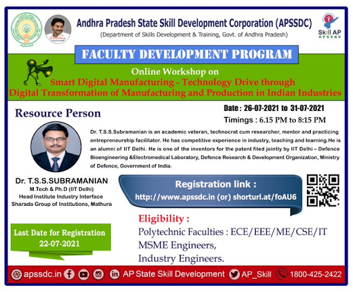 ApssdcH's tweet photo. #APSSDC helpline 18004252422(Mon-Sat) (8 AM-8 PM)
@AP_Skill is Conducting One Week Online #FDP Smart Digital Manufacturing - Technology Drive through Digital Transformation of Manufacturing/Production in Indian Industries. Registration Link: https://t.co/aQ5mp0IRun https://t.co/hn2nVpOlIz