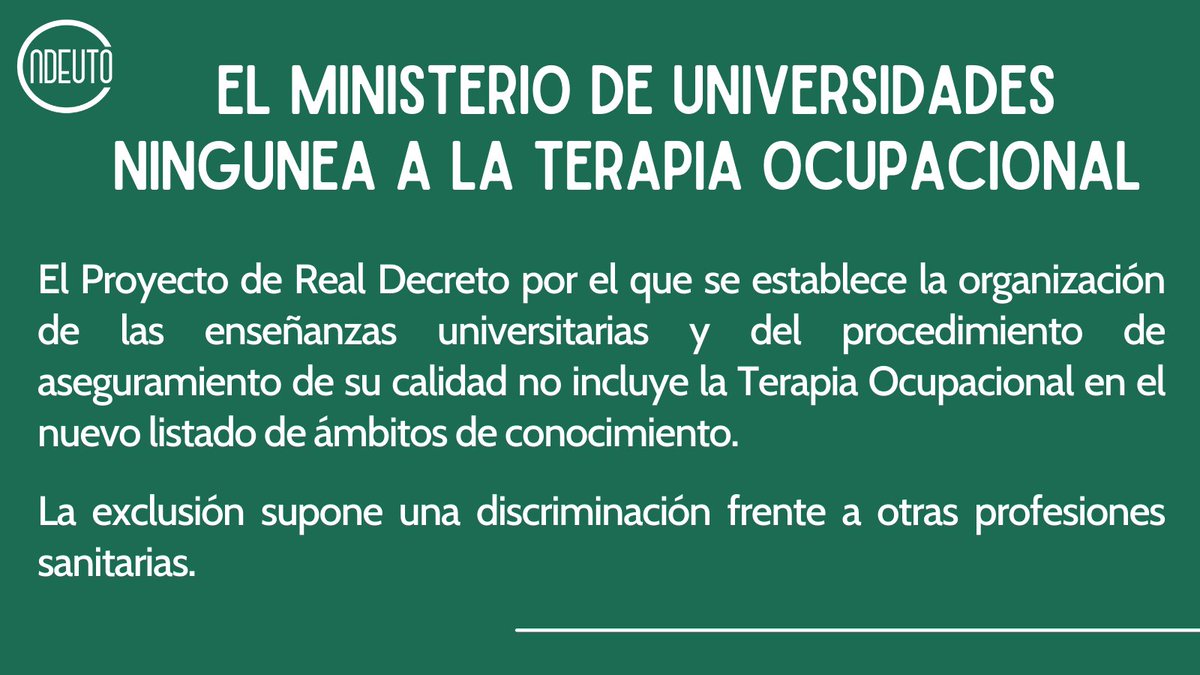 CNDEUTO (@cndeuto_) on Twitter photo 🚨 <a href="/UniversidadGob/">Ministerio de Universidades</a> ningunea a la Terapia Ocupacional al no incluirla en el listado de ámbitos de conocimiento.
CNDEUTO exige la rectificación del nuevo listado incluyendo la Terapia Ocupacional ya que su exclusión supone una grave discriminación frente a otras prof. sanitarias. 🚨 <a href="/UniversidadGob/">Ministerio de Universidades</a> ningunea a la Terapia Ocupacional al no incluirla en el listado de ámbitos de conocimiento.
CNDEUTO exige la rectificación del nuevo listado incluyendo la Terapia Ocupacional ya que su exclusión supone una grave discriminación frente a otras prof. sanitarias.