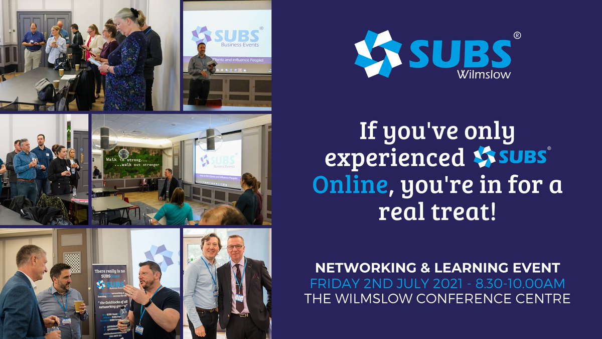 Did you enjoy #SUBSWilmslow Networking &amp; Learning online?

You're about to have it even better when you meet up with our SUBS Partners and guests in person!

Join us this 2 July at The Wilmslow Conference Center. Book here: portal.subsbusinessevents.co.uk/post/subs-wilm… 

P.S. Parking is available.