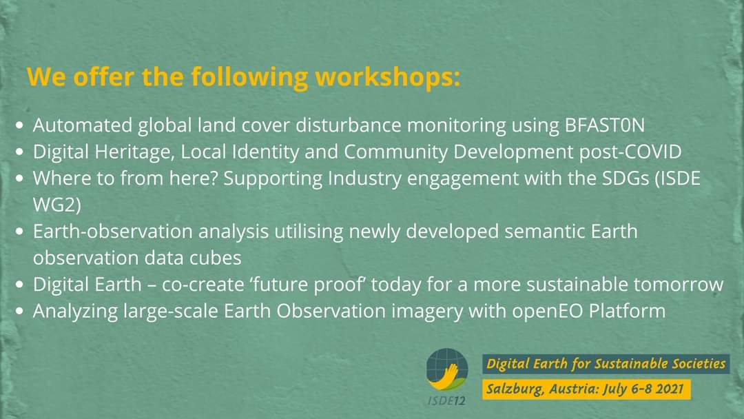Did you know that with your online ticket you can also join the #isde12 workshops? Don't miss them, make sure you get your ticket before the sale closes on July, 1st. 🎫 Tickets: digitalearth2021.org/registration/ 💻 Workshop Details: digitalearth2021.org/workshops/ #giweek2021 #giforum #agit