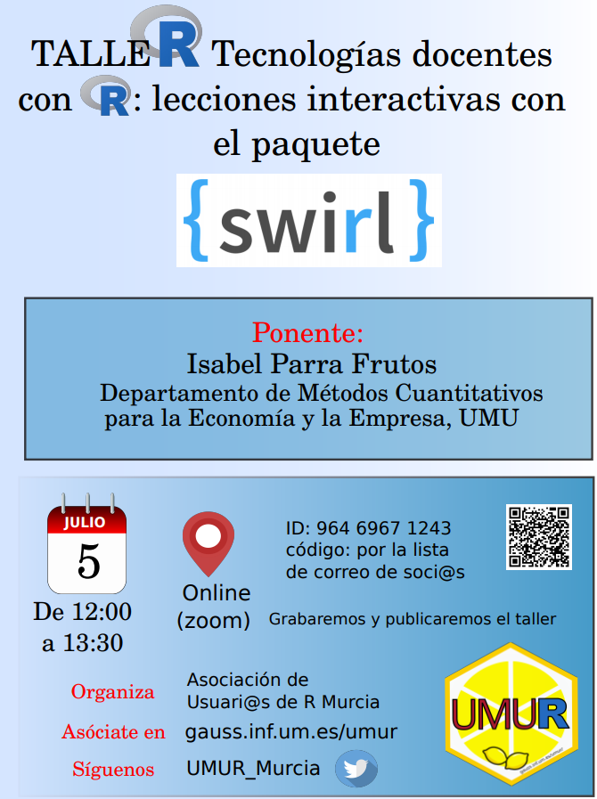enrdados's tweet photo. nuevo taller de #RStats organizado por @UMUR_Murcia , para el 5 de julio sobre el paquete swirl. https://t.co/h0v6sXPWaC