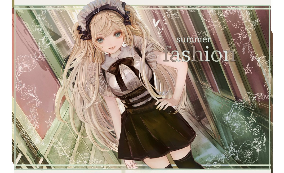 1girl solo blonde hair long hair thighhighs hand on hip maid headdress  illustration images