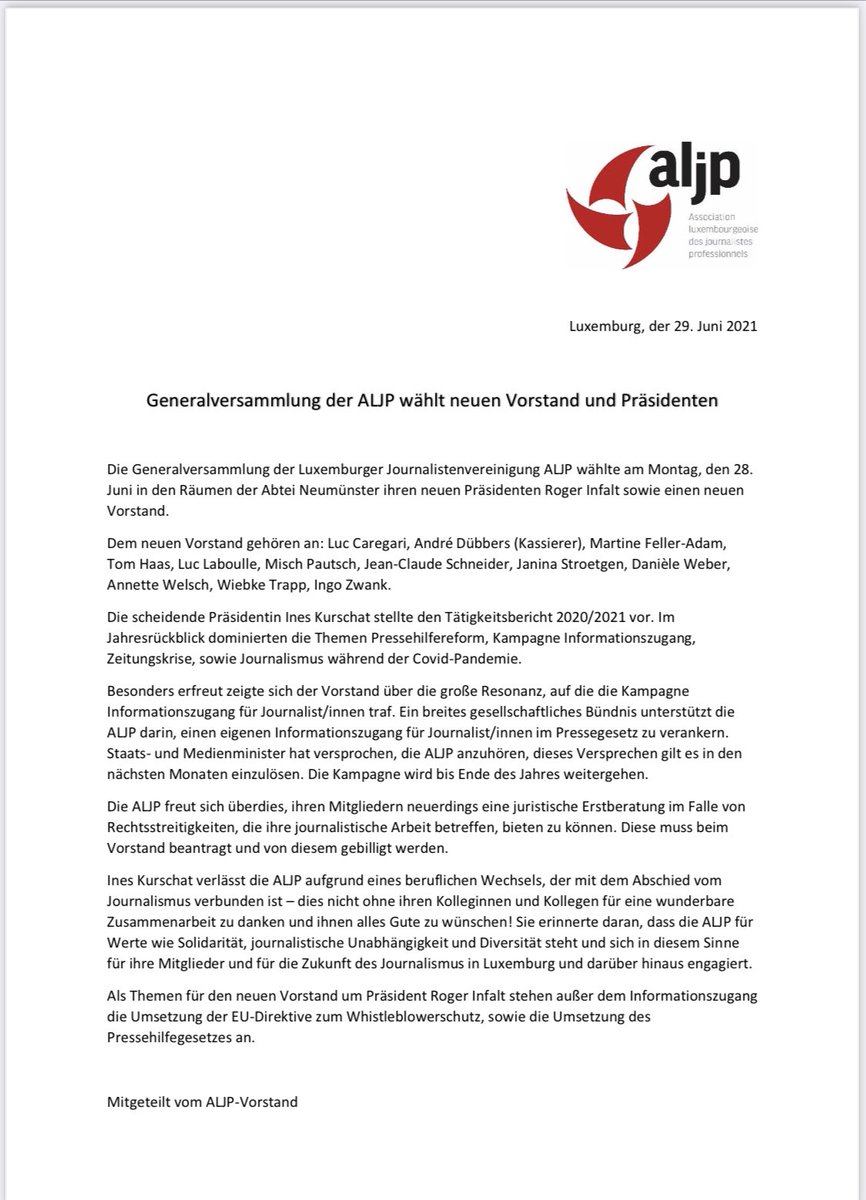 AljpLuxemb's tweet photo. D‘@AljpLuxemb huet op hirer Generalversammlung geschter e neie Präsident an e neie Virstand gewielt. Wëllkomm #RogerInfalt Äddi & Merci @Inku_Lux ! Et geet weider #Informatiounszougang #Journalismus #Pressefräiheet #Solidarity #Luxembourg https://t.co/831IouYZQA