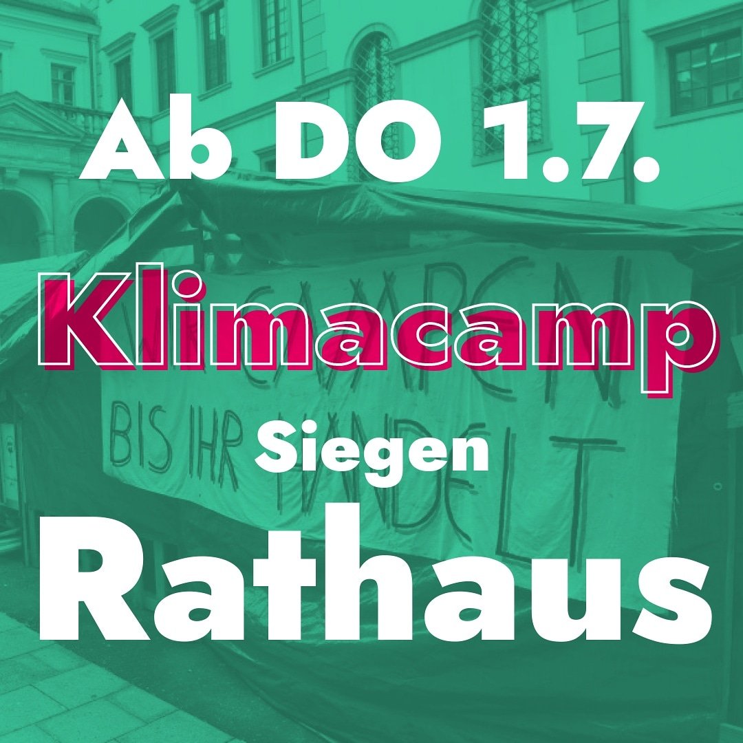 Am Donnerstag schon was vor?
Dann komm zum Klimacamp am Siegener Rathaus!⛺

Wir campen bis ihr handelt und endlich ernsthafte Klimapolitik betreibt.😡

<a href="/klimacamp_sgn/">Klimacamp Siegen</a>

Packliste: fffutu.re/kk-sgn

Wir sehen uns vor dem Rathaus🌳🍀