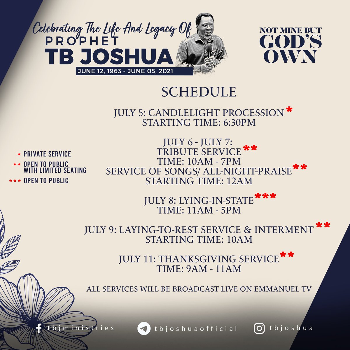 SCOANTBJoshua's tweet image. Dear Emmanuel TV Family worldwide, thank you for your love, prayers and support. From Monday, 5th July to Sunday 11th July 2021, a series of services celebrating the life and legacy of God’s servant Prophet TB Joshua will be broadcast live on Emmanuel TV! Here is the schedule: