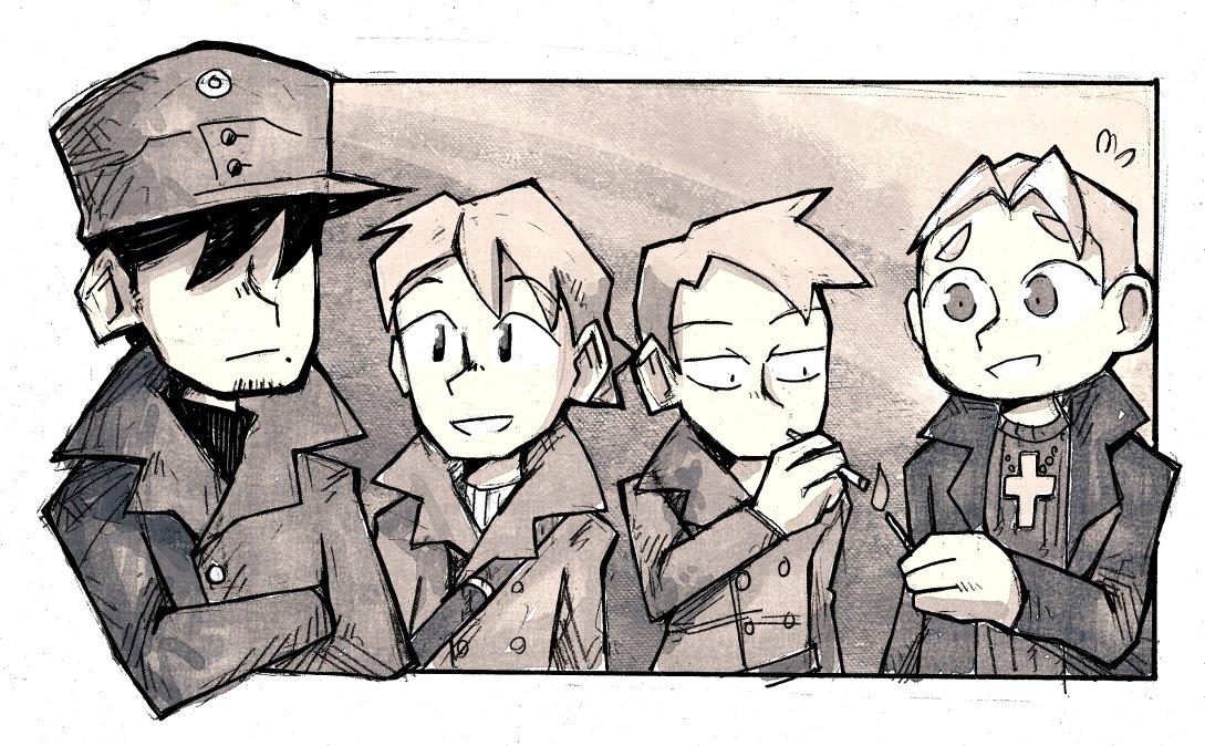 In chapter 11 of Lotta Svärd: Women of War there's a brief "what if"-scenario with the main characters as men.
So here's a clearer drawing of Tuure, Timo, Heikki and Launo. 
