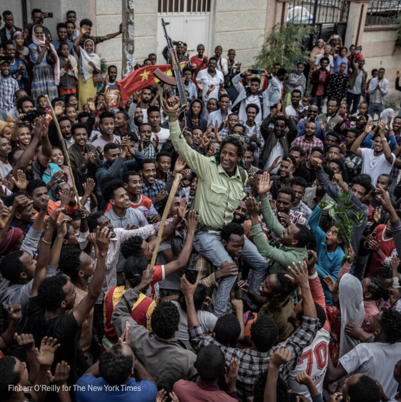 nytimes's tweet photo. Residents of Mekelle, the capital of Ethiopia’s Tigray region, celebrated in the streets after rebel fighters retook the city from government forces and their allies. It was a dramatic turn in the eight-month civil war. https://t.co/XbcjFCdQQ0 https://t.co/cJMfDPXuFk