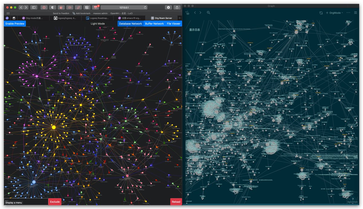 maxosme's tweet photo. 左边：org-roam-server      右边：Logseq
org-roam 在渲染性能上更胜一筹；Logseq 可以通过 tag 把文件也关联起来，还可以高亮有直接关系的笔记，但是图谱的性能太差了。笔记的 UI 上 Logseq 更接近 Roam research，好在可以直接读取本地的 OrgMode 文件，不用迁移数据了，而且开源。 https://t.co/oIdJQH2zGr