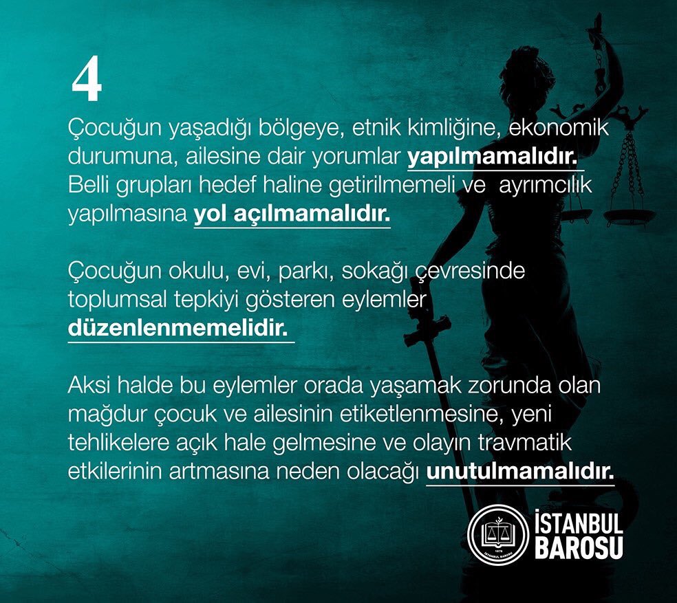 Çocuğun cinsel istismarı vakalarında  iddialar çocuğun beyanı esas alınarak degerlendirilmelidir. Çocuğun üstün yararı ilkesi dikkate alınarak hızlı,etkin ve adil bir süreç yürütülmelidir. Çocuğun korunması için dikkat edilmesi gereken kuralları bir kez daha kamuoyuna açıklıyoruz